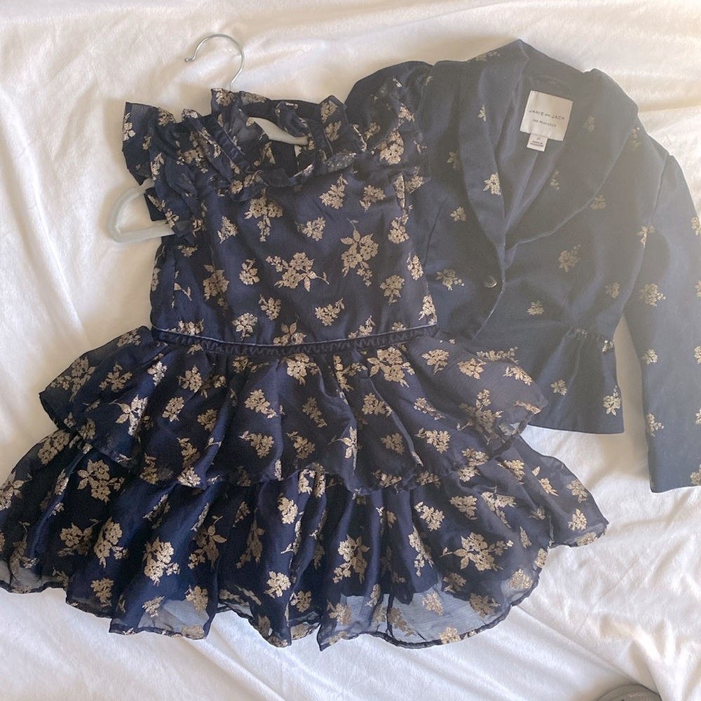 Janie and Jack 2T dress and jacket blazer dark blue and gold shimmer set